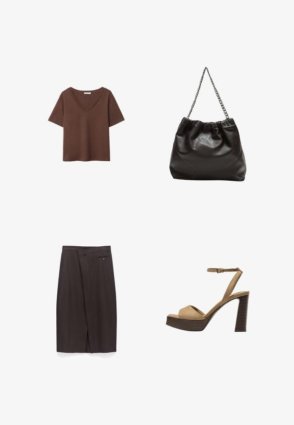 Brązowy bawełniany t-shirt z krótkimi rękawami i głębokim dekoltem w kształcie litery V. Prosty design, miękka faktura i prosty krój u dołu. Brak wzorów i akcentów.; Ciemnobrąsk spódnica do kolan z paskiem, z fałdą z przodu, boczną kieszenią i zasuwaną kieszenią z tyłu z guzikami.; Beżowe zamszowe sandały na wysokim obcasie z szerokim paskiem z przodu i paskiem za kostkę, z masywnym drewnianym obcasem o teksturowanym wykończeniu.; Brązowa skórzana torba z marszczonym szczytem i łańcuszkowym paskiem. Gładka tekstura z błyszczącym wykończeniem i subtelnymi detalami szwów po bokach.