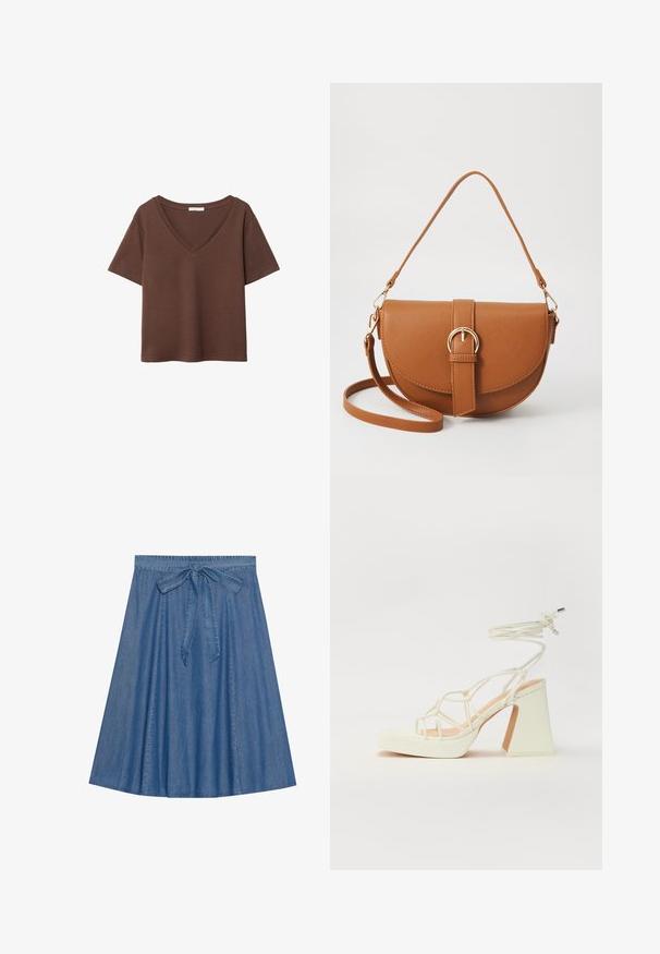 Braunes Baumwoll-T-Shirt mit kurzen Ärmeln und tiefem V-Ausschnitt. Einfaches Design, weiche Textur und gerade Saumlinie. Keine Muster oder Akzente.; Jeansrock in einem mittleren Blauton. Verfügt über einen gerafften Taillenbund mit einer Bindegurtdetail. A-Linie Form mit einer glatten Textur und knielanger Gestaltung.; Weiße High-Heel-Sandale mit einem klobigen Absatz, die über ein Riemchendesign und ein Knöchelband verfügt. Glatte Textur mit einer Plattform vorne für zusätzliche Höhe.; Braune Leder-Crossbody-Tasche mit geschwungener Form, goldfarbenen Beschlägen und einer Schnallenakzentuierung. Verfügt über einen abnehmbaren Schultergurt.