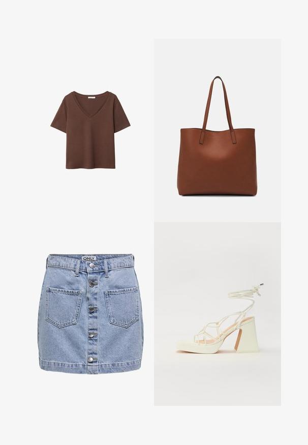 Ruskea puuvillapaita, jossa on lyhyet hihat ja syvä V-kaula-aukko. Yksinkertainen muotoilu, pehmeä rakenne ja suora helma. Ei kuvioita tai yksityiskohtia.; Vaaleansininen farkkuhame, jossa on viisi etupainiketta, kaksi läpällistä taskua ja hieman kulunut pinta. Tagi lukee "ONLY."; Valkoinen korkokenkä, jossa on paksu korko, ja joka sisältää nauhakiinnityksen ja nilkkaketjun. Sujuva pinta, jossa on platform-etupohja lisäkorkeutta varten.; Ruskea nahkainen olkalaukku, jossa on sileä pinta, avoin yläosa ja kaksi olkahihnaa. Omaavat vain minimaalisen ompelun eikä näkyvää metalliosaa.