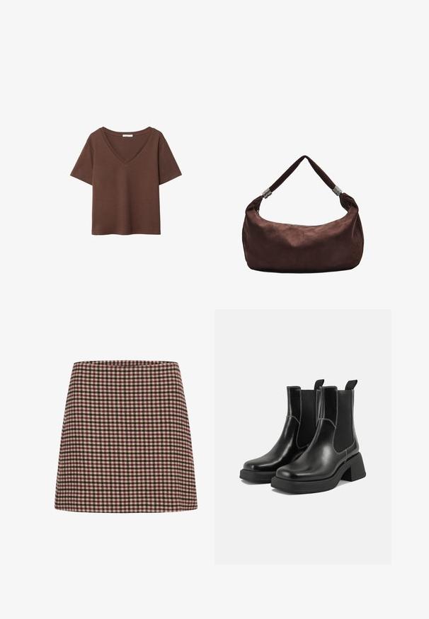 Brun bomulds t-shirt med korte ærmer og dyb V-hals. Enkel design, blød tekstur og lige kant. Ingen mønstre eller detaljer.; En rød og kremfarvet ternet mini-nederdel med en lige silhuet og tekstureret stof. Ingen synlige lukninger eller pynt.; Sorte læder Chelsea-støvler med en kraftig hæl, elastiske sidepaneler og kontrastfarvet hvid syning. Tekstureret overflade.; Brun ruskinds skuldertaske med lynlås, der har en snoet rem prydet med metalaccenter for sikker bæring.