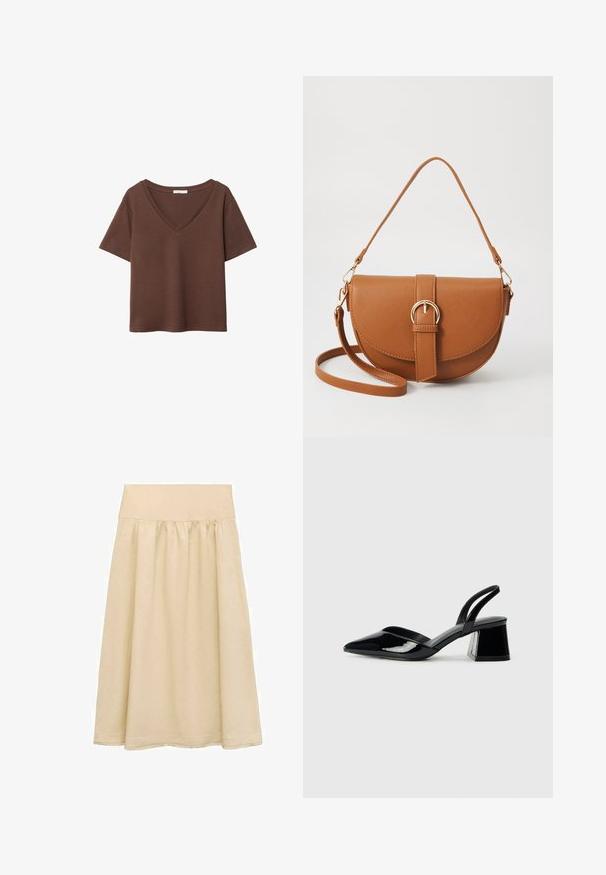 Brun bomulds t-shirt med korte ærmer og dyb V-hals. Enkel design, blød tekstur og lige kant. Ingen mønstre eller detaljer.; Beige midi nederdel lavet af letvægtigt stof, med elastisk talje, samlet design og en kant med en diskret frynse. ; Sorte patentlæder slingback hæle med spids tå og en geometrisk blok hæl. Har et elegant, minimalistisk design og en glat tekstur.; Brun læder crossbody taske med en buet form, guldfarvet hardware og en spændeaccent. Har en aftagelig skulderrem.