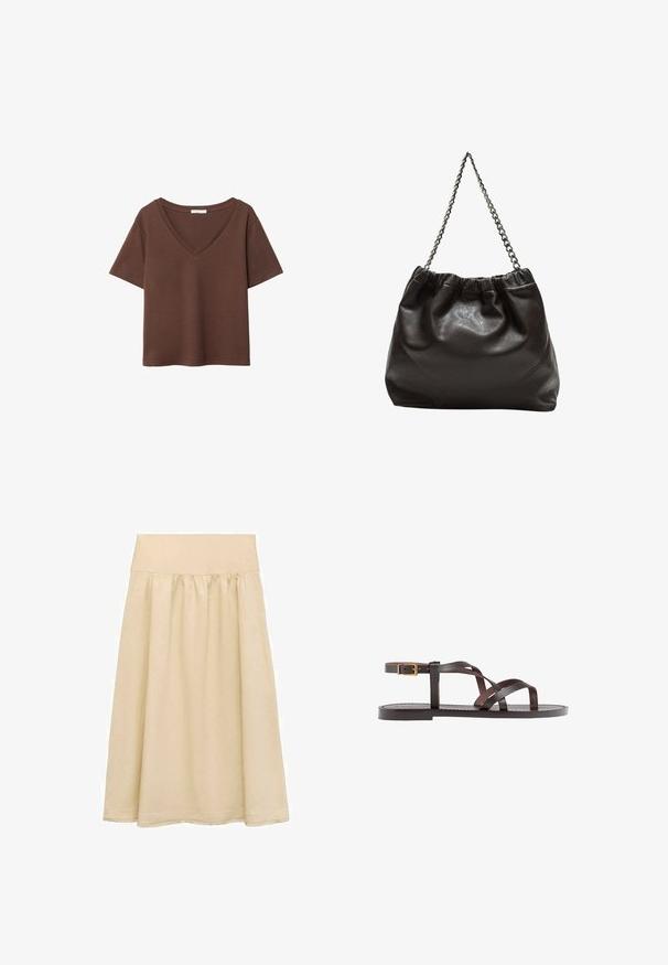 Braunes Baumwoll-T-Shirt mit kurzen Ärmeln und tiefem V-Ausschnitt. Einfaches Design, weiche Textur und gerade Saumlinie. Keine Muster oder Akzente.; Beige Midi-Rock aus leichtem Stoff, mit einem elastischen Bund, gerafftem Design und einem Saum mit subtilen Fransen.; Braune Leder-Sandale mit überkreuzten Riemen, einem Knöchelriemen mit Schnalle und einer flachen Sohle mit minimalen Nähdetails.; Braune Lederhandtasche mit gerafftem Oberteil und Kettenriemen. Glatte Textur mit glänzendem Finish und subtilen Nahtdetails an den Seiten.
