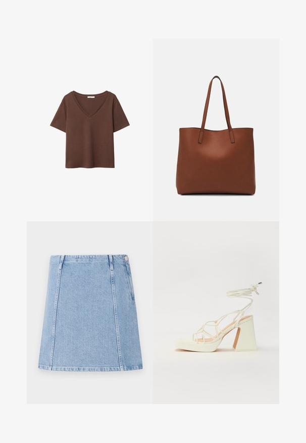 Ruskea puuvillapaita, jossa on lyhyet hihat ja syvä V-kaula-aukko. Yksinkertainen muotoilu, pehmeä rakenne ja suora helma. Ei kuvioita tai yksityiskohtia.; Vaaleansininen farkuhame suoran leikkauksen, näkyvien ompelusyiden ja sivutaskun kanssa. Materiaali on teksturoitu ja pehmeä.; Valkoinen korkokenkä, jossa on paksu korko, ja joka sisältää nauhakiinnityksen ja nilkkaketjun. Sujuva pinta, jossa on platform-etupohja lisäkorkeutta varten.; Ruskea nahkainen olkalaukku, jossa on sileä pinta, avoin yläosa ja kaksi olkahihnaa. Omaavat vain minimaalisen ompelun eikä näkyvää metalliosaa.