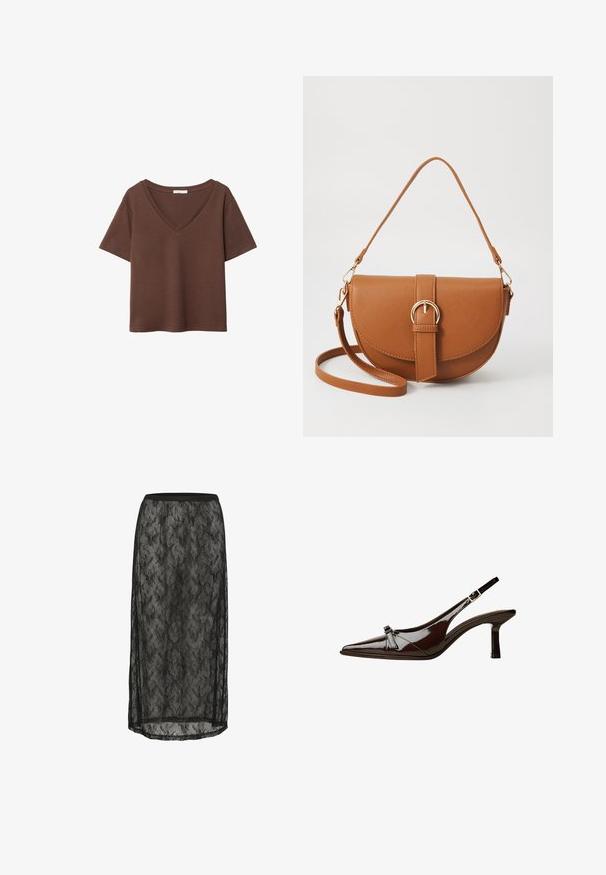 Brun bomulls t-shirt med korta ärmar och djup V-ringning. Enkel design, mjuk textur och rak fåll. Inga mönster eller dekorationer.; Svart spets midi kjol med ett blommönster, elastisk midja och genomskinligt tyg med sidokilar för extra detaljer och rörelse.; Brun lackläder slingback-sko med spetsig tå, låg klack och en dekorerande rosett på framsidan. Slät, glansig yta.; Brun läder crossbody-väska med en böjd form, gyllene detaljer och en spänneaccent. Har en avtagbar axelrem.