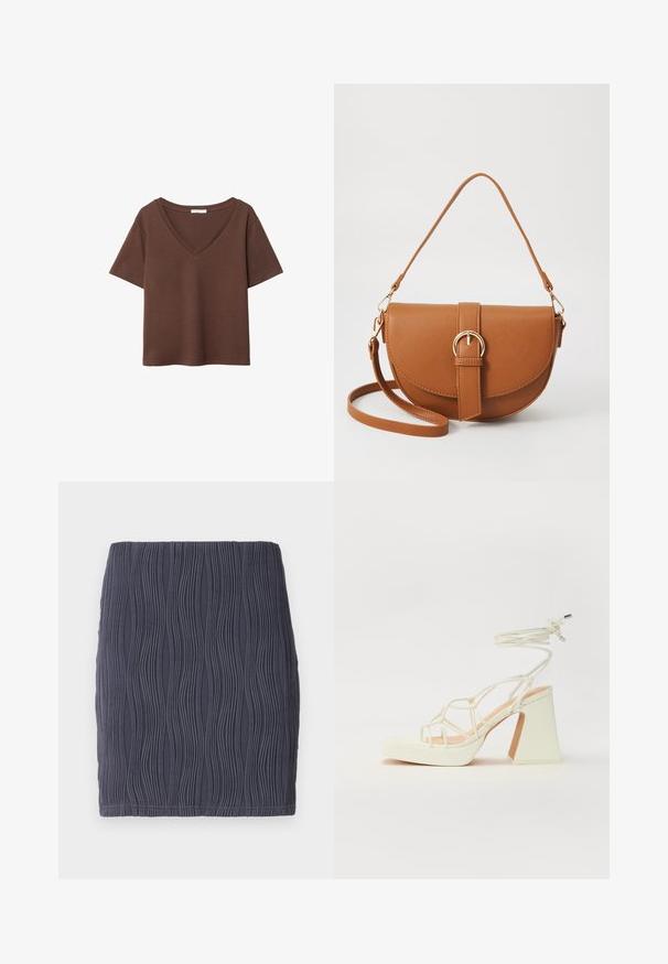 Rjava bombažna majica s kratkimi rokavi in globokim V-izrezom. Preprost dizajn, mehak material in raven rob. Brez vzorcev ali dekorativnih elementov.; Temno siva prilegajoča mini krila z zasnovo teksturiranega, valovitega vzorca in gladko površino. Oblikovana je s preprostim, ravnim robom.; Bela sandala na visokih petah s debelim petam, ki ima obliko trakcev in vezanje okoli gležnja. Gladka tekstura z platformo spredaj za dodatno višino.; Rjava usnjena torbica prek telesa s ukrivljeno obliko, zlate opreme in sponko. Ima odstranljiv naramni trak.