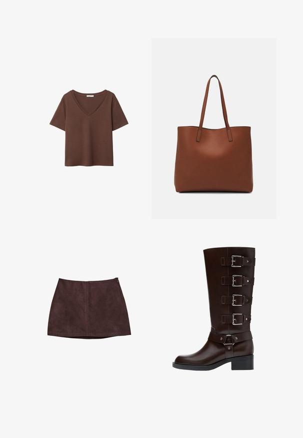 Bruine katoenen t-shirt met korte mouwen en een diepe V-hals. Eenvoudig ontwerp, zachte textuur en rechte zoom. Geen patronen of accenten.; Donkerbruine suède mini-jurk met een centrale naad en een zijrits, weergegeven op een witte achtergrond.; Donkerbruine leren kniehoge laars met een ronde neus, vier verstelbare gespbanden en een blokhak, met zowel een gladde als een gestructureerde afwerking.; Bruine leren tote bag met een gladde textuur, een ontwerp met een open bovenkant en twee schouderbanden. Kenmerkt zich door minimale stiksels en geen zichtbare hardware.