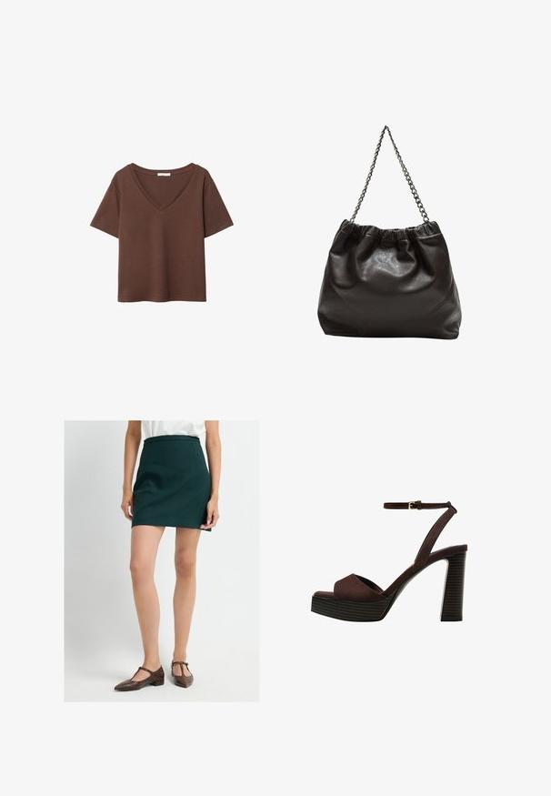 Hnědý bavlněný tričko s krátkými rukávy a hlubokým V-výstřihem. Jednoduchý design, měkká textura a rovný lem. Žádné vzory ani akcenty.; Zelená přiléhavá mini sukně s hladkou texturou a strukturovaným pasem, spojená s hnědými T-páskovými botami s hadím vzorem.; Hnědé semišové sandály na vysokém podpatku s otevřenou špičkou, nastavitelným páskem kolem kotníku a proužkovou platformou.; Hnědá kožená taška se sbíraným vrškem a řetízkovým popruhem. Hladký povrch s lesklým finišem a jemným švem na bocích.