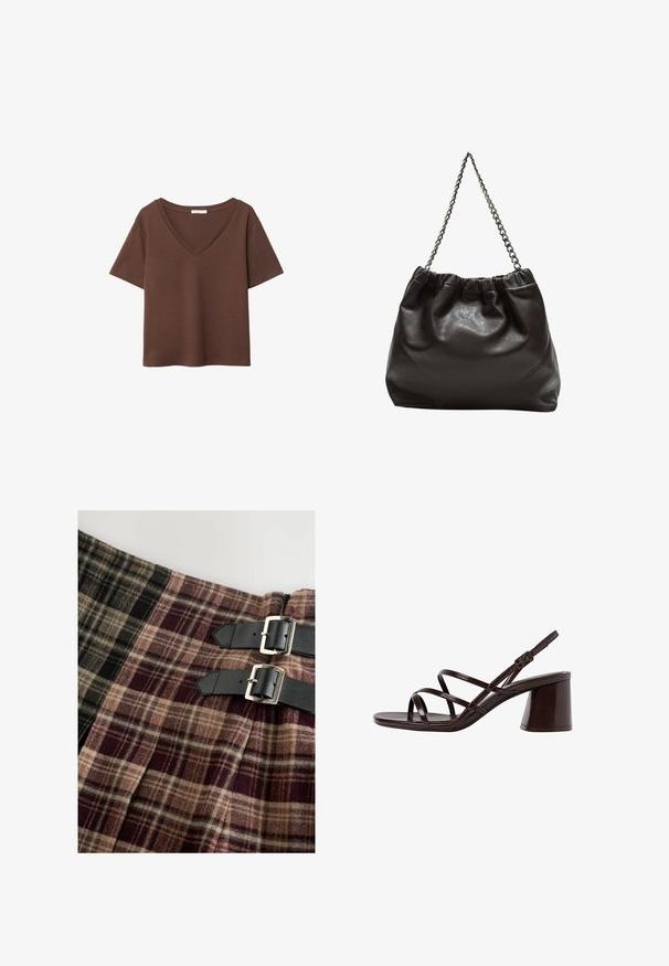 Braunes Baumwoll-T-Shirt mit kurzen Ärmeln und tiefem V-Ausschnitt. Einfaches Design, weiche Textur und gerade Saumlinie. Keine Muster oder Akzente.; Kilt-artiger Rock aus karierter Stoff in Schwarz, Beige und Burgundy. Beinhaltet zwei schwarze Lederriemen mit silbernen Schnallen.; Braune, geschnallte High-Heel-Sandalette mit einem dicken Absatz, die über eine glatte, glänzende Oberfläche und mehrere überkreuzte Riemen im Obermaterial verfügt.; Braune Lederhandtasche mit gerafftem Oberteil und Kettenriemen. Glatte Textur mit glänzendem Finish und subtilen Nahtdetails an den Seiten.