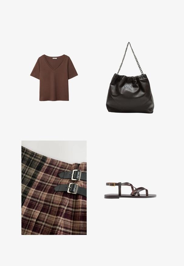 Hnedé bavlnené tričko s krátkymi rukávmi a hlbokým V-výstrihom. Jednoduchý dizajn, jemná textúra a rovný lem. Bez vzorov alebo akcentov.; Sukňa v štýle kiltny z károvaného materiálu, obsahujúca odtiene čiernej, béžovej a burgundskej. Zahrnuje dva čierne kožené popruhy so striebornými sponami.; Hnedé kožené sandály s krížovými popruhmi, uzatváraním na pracku okolo členku a plochou podrážkou s minimálnymi ševmi.; Hnedá kožená taška so zberaným vrchom a reťazovým popruhom. Hladký povrch s lesklým finišom a jemným švom po stranách.