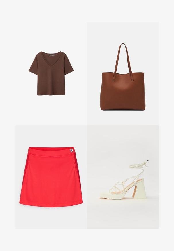 Ruskea puuvillapaita, jossa on lyhyet hihat ja syvä V-kaula-aukko. Yksinkertainen muotoilu, pehmeä rakenne ja suora helma. Ei kuvioita tai yksityiskohtia.; Punainen urheiluhame, joka on valmistettu sileästä ja joustavasta kankaasta. Hameessa on istuva vyötärönauha ja sivusaumat, sekä pieni logo vyötärönauhassa.; Valkoinen korkokenkä, jossa on paksu korko, ja joka sisältää nauhakiinnityksen ja nilkkaketjun. Sujuva pinta, jossa on platform-etupohja lisäkorkeutta varten.; Ruskea nahkainen olkalaukku, jossa on sileä pinta, avoin yläosa ja kaksi olkahihnaa. Omaavat vain minimaalisen ompelun eikä näkyvää metalliosaa.