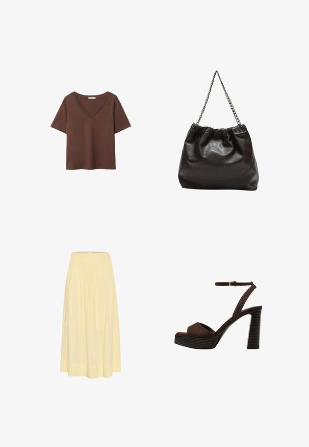 T-shirt en coton brun avec des manches courtes et un décolleté en V profond. Design simple, texture douce et ourlet droit. Pas de motifs ni d'accents.; My Essential Wardrobe Jupe longue - double cream; Sandale à talons hauts en suede marron avec un bout ouvert, une bride de cheville réglable et une semelle de plateforme rayée.; Sac en cuir marron avec un haut froncé et une bandoulière en chaîne. Texture lisse avec une finition brillante et des coutures subtiles sur les côtés.