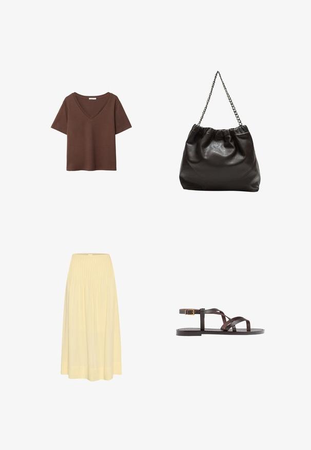 Rjava bombažna majica s kratkimi rokavi in globokim V-izrezom. Preprost dizajn, mehak material in raven rob. Brez vzorcev ali dekorativnih elementov.; My Essential Wardrobe Dolgo krilo - double cream; Rjav usnjen sandal z načinom prečnega črta, zaklepom okoli gležnja in ravnim podplatom z minimalnimi šivi.; Rjava usnjena torba z nabranim vrhom in verižnim trakom. Gladka tekstura z sijajno površino in subtilnimi šivi na straneh.