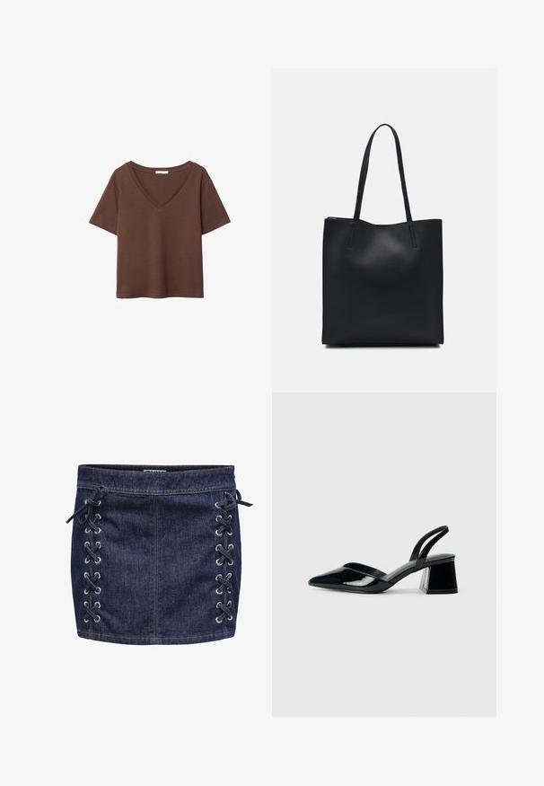 Smeđa pamučna majica kratkih rukava s dubokim V-izrezom. Jednostavan dizajn, mekana tekstura i ravni rub. Bez uzoraka ili naglasaka.; Tamnoplavi traper minić s detaljima vezanja s bočne strane i srebrnim okovima. Ima glatku teksturu i kontrastni šav.; Crne lakirane kožne sandale s otvorenom petom i špicastim vrhom, s geometrijskom blok petom. Imaju elegantan, minimalistički dizajn i glatku teksturu.; Crna kožna torba za nošenje s glatkom teksturom, pravokutnim oblikom i dvije duge ručke. Nema vidljivih metalnih dijelova ili ukrasa.