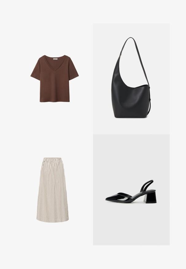 Brown cotton t-shirt with short sleeves and a deep V-neck. Simple design, soft texture, and straight hemline. No patterns or accents.; Lightweight, A-line midi skirt in cream with thin brown vertical stripes. Features an elastic waistband and smooth, flowing fabric.; Black patent leather slingback heels with a pointed toe and a geometric block heel. Features a sleek, minimal design and smooth texture.; Black leather hobo bag with a smooth texture, curved shape, and single adjustable strap; features a wide opening at the top.