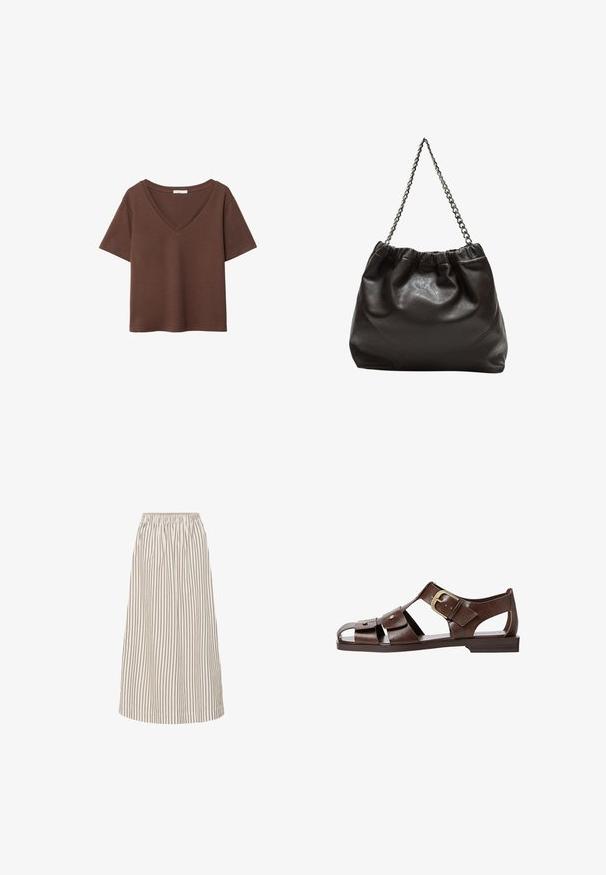 Braunes Baumwoll-T-Shirt mit kurzen Ärmeln und tiefem V-Ausschnitt. Einfaches Design, weiche Textur und gerade Saumlinie. Keine Muster oder Akzente.; Leichte A-Linien-Midiskirt in Creme mit dünnen braunen vertikalen Streifen. Mit elastischem Bund und glattem, fließendem Stoff.; Braune Leder-Sandale mit ausgeschnittenem Design, verstellbarem seitlichem Riemenverschluss und flacher Sohle, mit Metallakzenten und offenem Zehenbereich.; Braune Lederhandtasche mit gerafftem Oberteil und Kettenriemen. Glatte Textur mit glänzendem Finish und subtilen Nahtdetails an den Seiten.