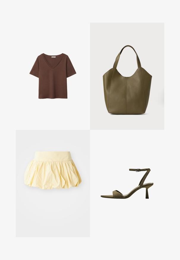 Hnedé bavlnené tričko s krátkymi rukávmi a hlbokým V-výstrihom. Jednoduchý dizajn, jemná textúra a rovný lem. Bez vzorov alebo akcentov.; Žltá bavlnená sukňa s objemným, zberaným dizajnom a širokým pásom. Hladká textúra a ľahká látka vytvárajú neformálny vzhľad.; Bershka WITH ANKLE STRAP - Sandále - mottled green; Olivezelená kožená taška cez rameno s dvojitými popruhmi, hladkou textúrou a dizajnom zo štyroch panelov. Zosilnené švy pozdĺž švov pre zvýšenú odolnosť.
