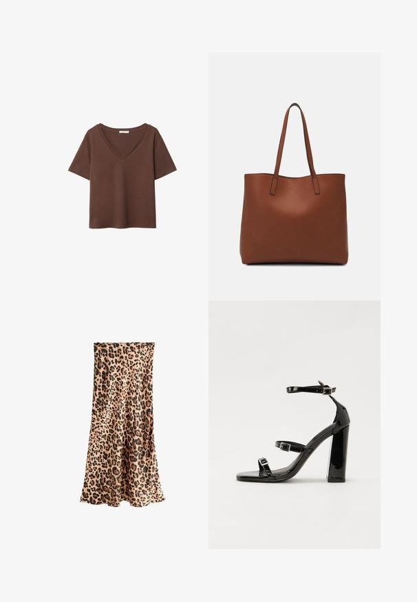 T-shirt en coton brun avec des manches courtes et un décolleté en V profond. Design simple, texture douce et ourlet droit. Pas de motifs ni d'accents.; Next PETITE FIT - Jupe longue - leopard; Sandales à talons vernies noires avec un bout carré, des sangles autour de la cheville et des boucles en argent. Dotées d'un talon bloc épais pour plus de stabilité.; Sac fourre-tout en cuir marron avec une texture lisse, design à ouverture supérieure et deux poignées pour le porter à l'épaule. Présente des coutures minimales et aucun matériel visible.