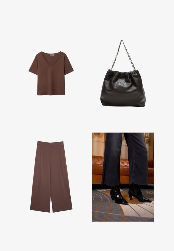 Smeđa pamučna majica kratkih rukava s dubokim V-izrezom. Jednostavan dizajn, mekana tekstura i ravni rub. Bez uzoraka ili naglasaka.; Smeđe hlače širokog kroja s glatkom teksturom, koje imaju visok struk i nabore sprijeda. Tkanina je lagana i slobodno se kreće.; Crne čizme do članaka sa šiljastim vrhom i teksturiranom površinom, nošene ispod crnih širokih hlača s frendanim rubovima, na uzorkovanom tepihu.; Smeđa kožna torba s naboranim vrhom i lančićem za nošenje. Glatka tekstura s sjajnim završetkom i suptilnim šavnim detaljima sa strane.