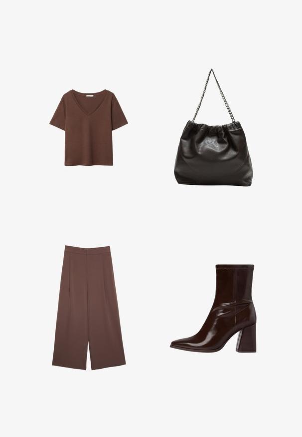 Ruskea puuvillapaita, jossa on lyhyet hihat ja syvä V-kaula-aukko. Yksinkertainen muotoilu, pehmeä rakenne ja suora helma. Ei kuvioita tai yksityiskohtia.; Ruskeat leveälahkeiset housut, joissa on sileä pinta, korkea vyötärö ja etupleat. Kangas on kevyttä ja laskeutuu väljänä.; Ruske patentkožne gležnjače s šiljastim vrhom, elastičnim gležnjem i masivnim blok petom. Elegantni dizajn s glatkom teksturom.; Ruskea nahkainen laukku, jossa on kerätty yläosa ja ketjuhihna. Tasainen pinta, jossa kiiltävä viimeistely ja hienovaraiset sauman yksityiskohdat sivuilla.