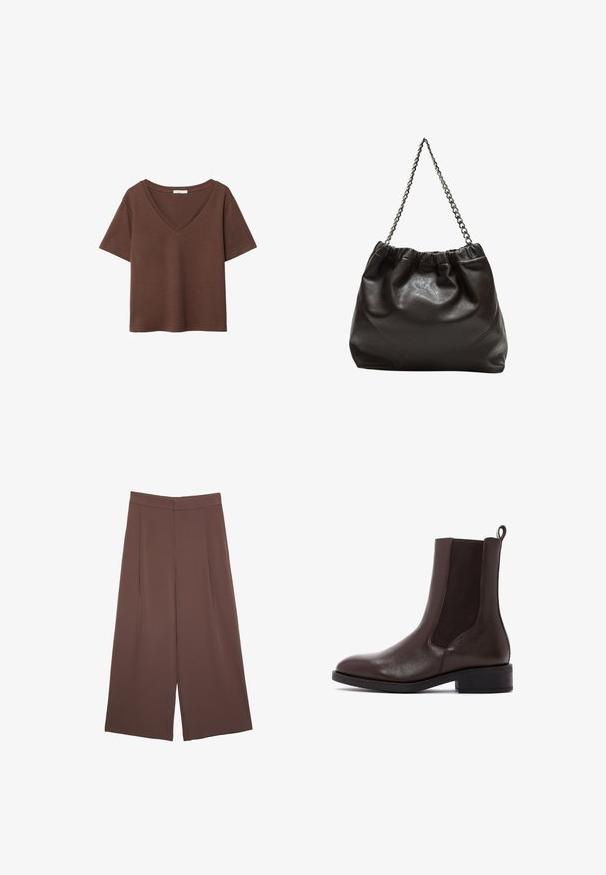T-shirt en coton brun avec des manches courtes et un décolleté en V profond. Design simple, texture douce et ourlet droit. Pas de motifs ni d'accents.; Pantalons larges marron avec une texture lisse, dotés d'une taille haute et de plis à l'avant. Le tissu est léger et tombe de manière fluide.; Derimod Bottines - brown; Sac en cuir marron avec un haut froncé et une bandoulière en chaîne. Texture lisse avec une finition brillante et des coutures subtiles sur les côtés.