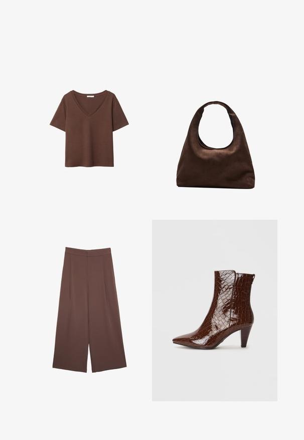 T-shirt en coton brun avec des manches courtes et un décolleté en V profond. Design simple, texture douce et ourlet droit. Pas de motifs ni d'accents.; Pantalons larges marron avec une texture lisse, dotés d'une taille haute et de plis à l'avant. Le tissu est léger et tombe de manière fluide.; Bottine en simili cuir crocodile marron avec un bout pointu et un talon effilé. Présente une texture glossy et un détail de fermeture éclair sur le côté.; Sac à main en toile marron doux de style hobo avec une large sangle unique et une ouverture en haut arrondie, présenté sur un fond blanc.