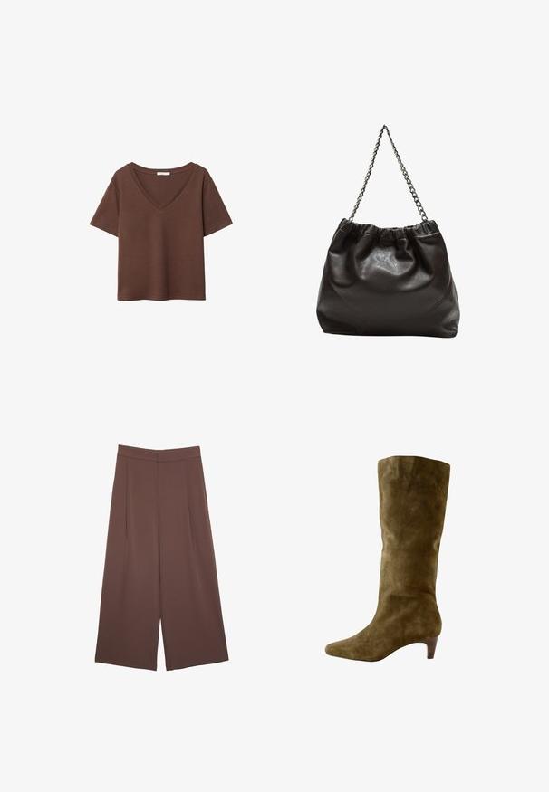 Braunes Baumwoll-T-Shirt mit kurzen Ärmeln und tiefem V-Ausschnitt. Einfaches Design, weiche Textur und gerade Saumlinie. Keine Muster oder Akzente.; Braune Weite-Leg-Hosen mit einer glatten Textur, hoher Taille und Vorderfalten. Der Stoff ist leicht und fällt locker.; Next FOREVER COMFORT KNEE HIGH HEELED - Stiefel - olive; Braune Lederhandtasche mit gerafftem Oberteil und Kettenriemen. Glatte Textur mit glänzendem Finish und subtilen Nahtdetails an den Seiten.