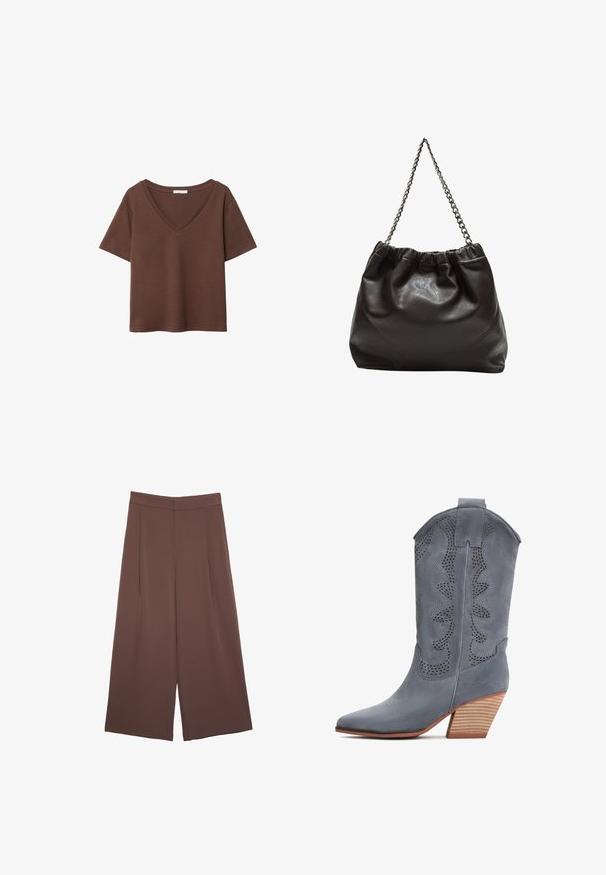 T-shirt in cotone marrone con maniche corte e scollo a V profondo. Design semplice, texture morbida e orlo dritto. Senza fantasie o dettagli.; Pantaloni ampi marroni con una texture liscia, caratterizzati da una vita alta e pieghe frontali. Il tessuto è leggero e scorre liberamente.; Stivali da cowboy in suede grigio con punta affilata, design perforato e tacco in legno impilato. Presentano un bordo decorativo con profilo a onda.; Borsa in pelle marrone con parte superiore arricciata e tracolla a catena. Texture liscia con finitura lucida e dettagli di cucitura sottili sui lati.