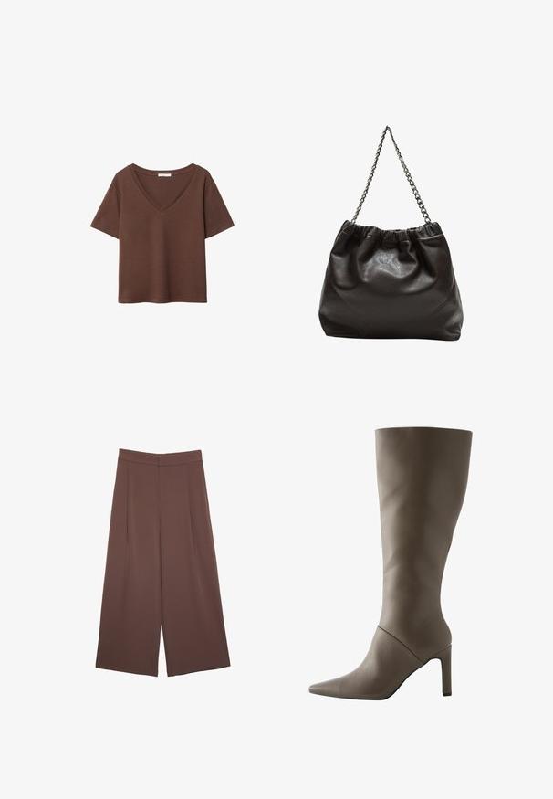Ruskea puuvillapaita, jossa on lyhyet hihat ja syvä V-kaula-aukko. Yksinkertainen muotoilu, pehmeä rakenne ja suora helma. Ei kuvioita tai yksityiskohtia.; Ruskeat leveälahkeiset housut, joissa on sileä pinta, korkea vyötärö ja etupleat. Kangas on kevyttä ja laskeutuu väljänä.; Korkeaa oleva ruskea nahkasaapas, jossa on terävä varvas ja stiletto-korko, ja joka tarjoaa sileän pinnan ja minimalistisen muotoilun.; Ruskea nahkainen laukku, jossa on kerätty yläosa ja ketjuhihna. Tasainen pinta, jossa kiiltävä viimeistely ja hienovaraiset sauman yksityiskohdat sivuilla.