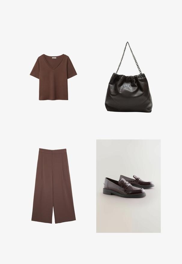 Rjava bombažna majica s kratkimi rokavi in globokim V-izrezom. Preprost dizajn, mehak material in raven rob. Brez vzorcev ali dekorativnih elementov.; Rjave široke hlače z gladko teksturo, ki imajo visok pas in sprednje naborke. Tkanina je lahka in prosto pada.; Burgundski lakasti semiš z zaobljenim nosom, oblazinjenim vložkom in črnim gumijastim podplatom. Ima dekorativen trak spredaj.; Rjava usnjena torba z nabranim vrhom in verižnim trakom. Gladka tekstura z sijajno površino in subtilnimi šivi na straneh.