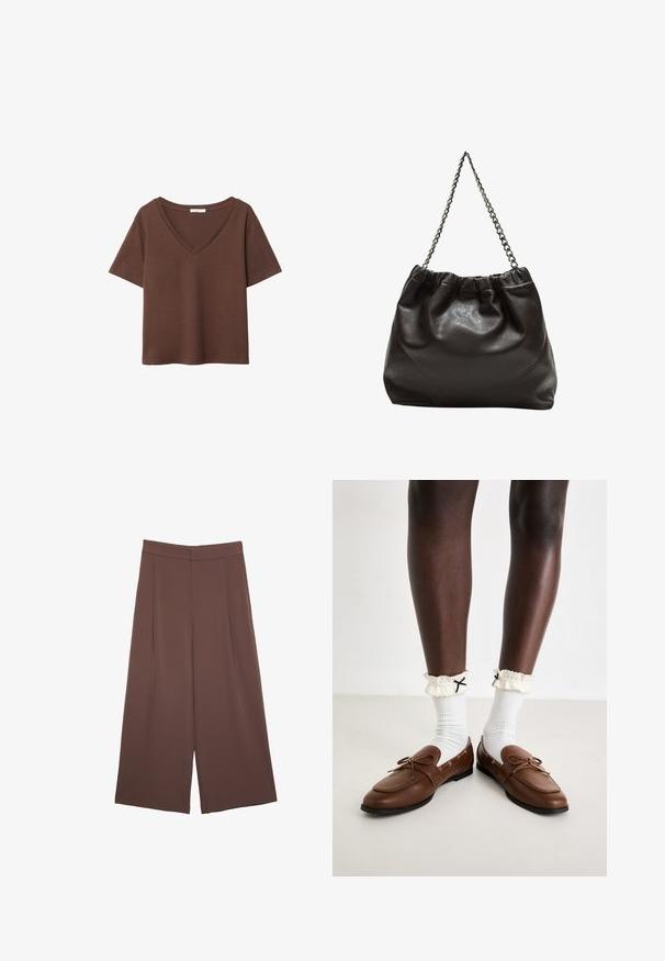Brązowy bawełniany t-shirt z krótkimi rękawami i głębokim dekoltem w kształcie litery V. Prosty design, miękka faktura i prosty krój u dołu. Brak wzorów i akcentów.; Brązowe spodnie o szerokich nogawkach z gładką fakturą, z wysokim stanem i plisami z przodu. Materiał jest lekki i luźno opada.; Brązowe skórzane mokasyny z okrągłym noskiem i związanym detalem w kształcie kokardy, w zestawieniu z białymi prążkowymi skarpetami i falbankowymi kremowymi mankietami z czarnymi akcentami.; Brązowa skórzana torba z marszczonym szczytem i łańcuszkowym paskiem. Gładka tekstura z błyszczącym wykończeniem i subtelnymi detalami szwów po bokach.