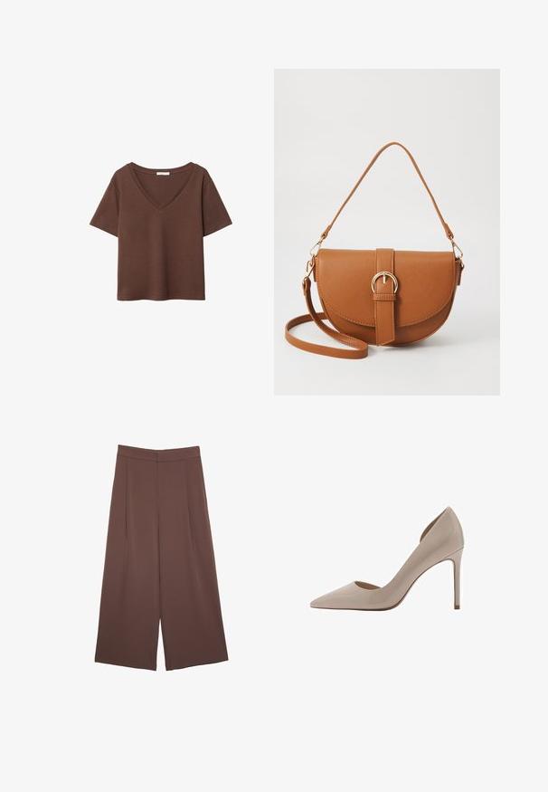 Ruskea puuvillapaita, jossa on lyhyet hihat ja syvä V-kaula-aukko. Yksinkertainen muotoilu, pehmeä rakenne ja suora helma. Ei kuvioita tai yksityiskohtia.; Ruskeat leveälahkeiset housut, joissa on sileä pinta, korkea vyötärö ja etupleat. Kangas on kevyttä ja laskeutuu väljänä.; Mango ASYMMETRISCHE MET EFFECT - Korolliset avokkaat - grey; Ruskean nahkainen olkalaukku, jossa on kaareva muoto, kultaiset yksityiskohdat ja solkiyksityiskohta. Varustettu irrotettavalla olkahihnalla.