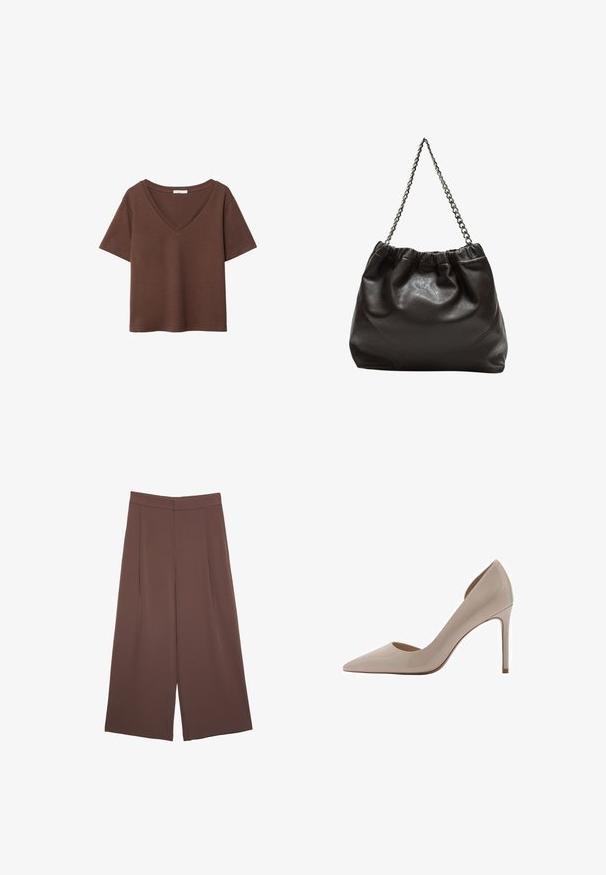 Brązowy bawełniany t-shirt z krótkimi rękawami i głębokim dekoltem w kształcie litery V. Prosty design, miękka faktura i prosty krój u dołu. Brak wzorów i akcentów.; Brązowe spodnie o szerokich nogawkach z gładką fakturą, z wysokim stanem i plisami z przodu. Materiał jest lekki i luźno opada.; Mango - Szpilki; Brązowa skórzana torba z marszczonym szczytem i łańcuszkowym paskiem. Gładka tekstura z błyszczącym wykończeniem i subtelnymi detalami szwów po bokach.