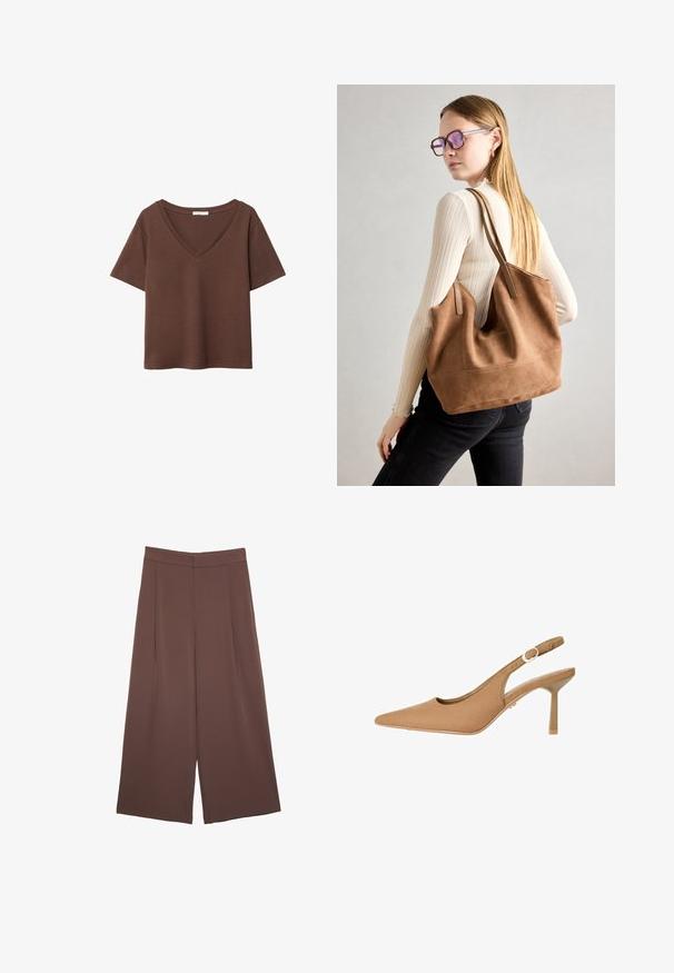 Braunes Baumwoll-T-Shirt mit kurzen Ärmeln und tiefem V-Ausschnitt. Einfaches Design, weiche Textur und gerade Saumlinie. Keine Muster oder Akzente.; Braune Weite-Leg-Hosen mit einer glatten Textur, hoher Taille und Vorderfalten. Der Stoff ist leicht und fällt locker.; Braune Slingback-Pumps mit spitzem Zehenbereich, glatter Textur, verstellbarem Riemen und schlankem Absatz. Minimalistisches Design mit dezenten glänzenden goldenen Akzenten.; Braune Wildleder-Tasche mit weicher Textur, großer Öffnung und langen Trägern. Sie verfügt über ein simples Design mit sichtbarem Stich und ohne Beschläge.