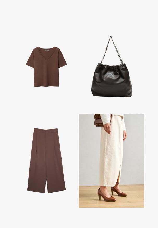 Braunes Baumwoll-T-Shirt mit kurzen Ärmeln und tiefem V-Ausschnitt. Einfaches Design, weiche Textur und gerade Saumlinie. Keine Muster oder Akzente.; Braune Weite-Leg-Hosen mit einer glatten Textur, hoher Taille und Vorderfalten. Der Stoff ist leicht und fällt locker.; Braune Absatzschuhe mit runder Zehenpartie, kombiniert mit einem cremefarbenen langen Rock mit einem Schlitz vorne, sowie einer strukturierten braunen Handtasche.; Braune Lederhandtasche mit gerafftem Oberteil und Kettenriemen. Glatte Textur mit glänzendem Finish und subtilen Nahtdetails an den Seiten.