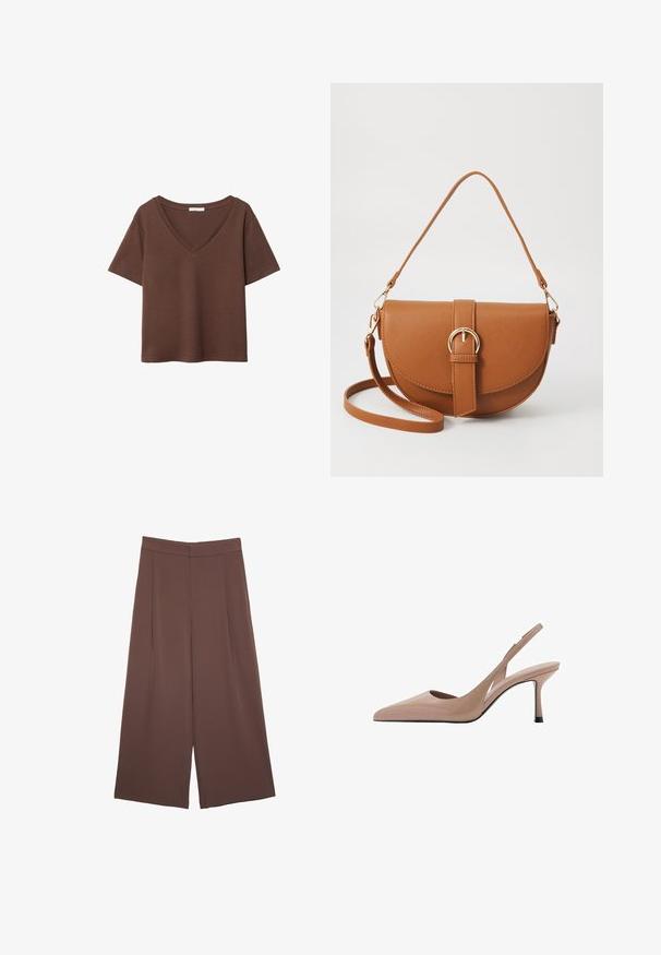 Rjava bombažna majica s kratkimi rokavi in globokim V-izrezom. Preprost dizajn, mehak material in raven rob. Brez vzorcev ali dekorativnih elementov.; Rjave široke hlače z gladko teksturo, ki imajo visok pas in sprednje naborke. Tkanina je lahka in prosto pada.; Nude slingback petke z ostrim nosom, gladko teksturo in tankim stiletto peto. Izrezan stranski detajl dodaja edinstven pridih.; Rjava usnjena torbica prek telesa s ukrivljeno obliko, zlate opreme in sponko. Ima odstranljiv naramni trak.