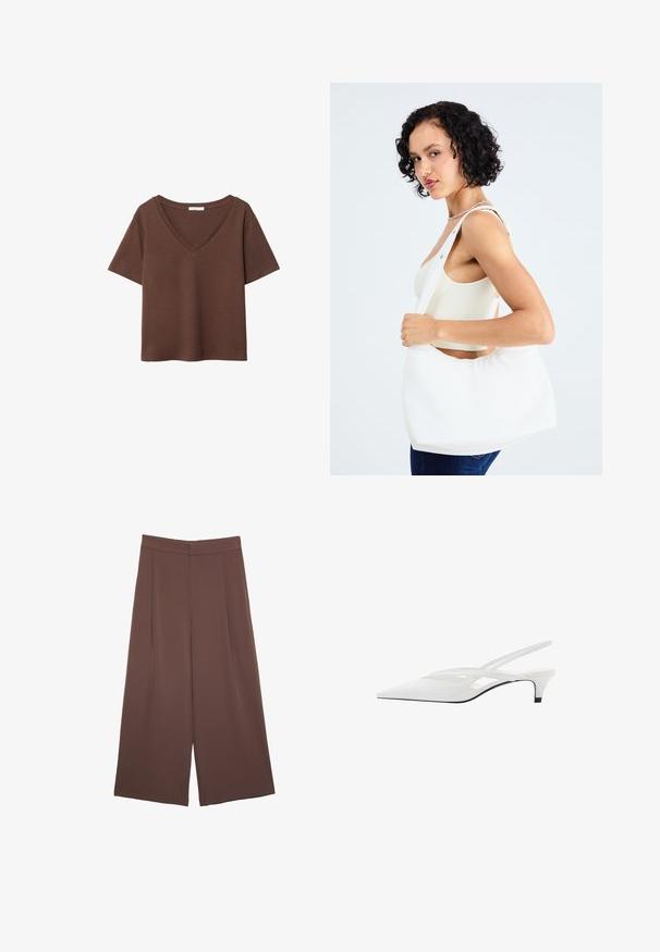 T-shirt en coton brun avec des manches courtes et un décolleté en V profond. Design simple, texture douce et ourlet droit. Pas de motifs ni d'accents.; Pantalons larges marron avec une texture lisse, dotés d'une taille haute et de plis à l'avant. Le tissu est léger et tombe de manière fluide.; Escarpin blanc à brides arrière avec un bout pointu, présentant un dessus lisse, des découpes discrètes et un petit talon bloc. La semelle noire met en valeur le design.; Sac à épaule blanc en matériau lisse, doté d'une découpe ovale et d'une large sangle. Simple et moderne, sans quincaillerie visible.