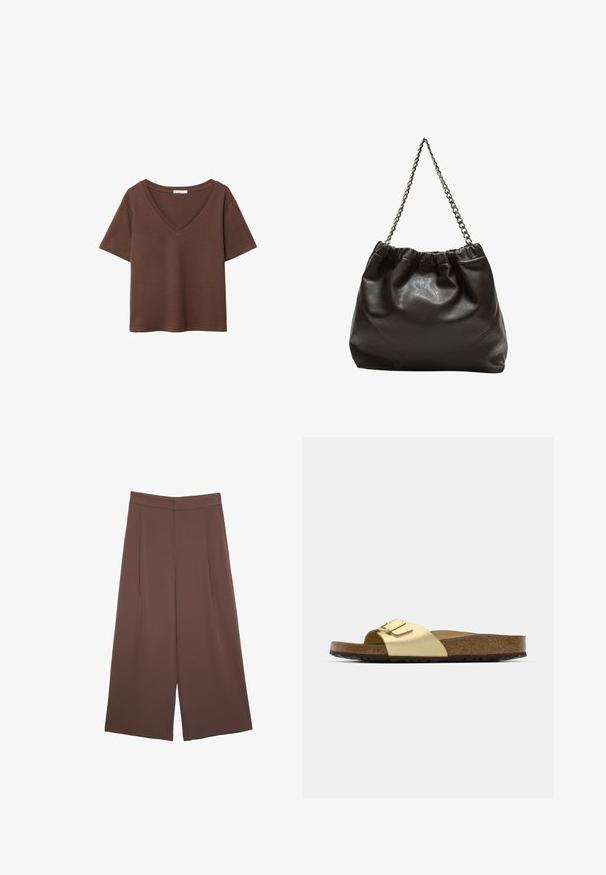 Brun bomulds t-shirt med korte ærmer og dyb V-hals. Enkel design, blød tekstur og lige kant. Ingen mønstre eller detaljer.; Brune bredbunde bukser med en glat tekstur, der har høj talje og plisseringer foran. Stoffet er let og falder løst.; Gyldne syntetiske slidesandaler med en enkelt rem og spændeaccent, der har en brun korksål og en tekstureret gummisål.; Brun lædertaske med en rynket top og en kædestrop. Glat tekstur med en blank finish og subtile sømdetaljer på siderne.
