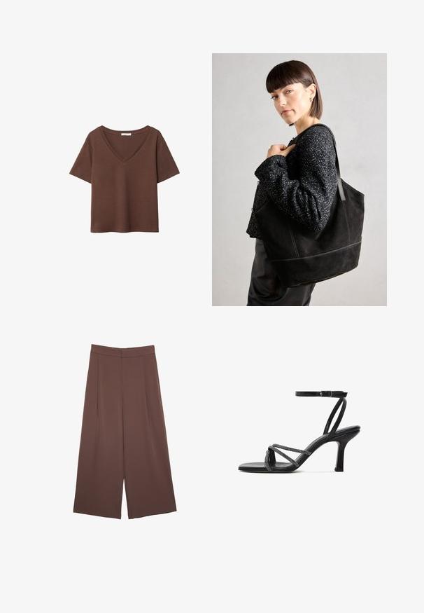 Brązowy bawełniany t-shirt z krótkimi rękawami i głębokim dekoltem w kształcie litery V. Prosty design, miękka faktura i prosty krój u dołu. Brak wzorów i akcentów.; Brązowe spodnie o szerokich nogawkach z gładką fakturą, z wysokim stanem i plisami z przodu. Materiał jest lekki i luźno opada.; Czarne sandały na wysokim obcasie z otwartym palcem, z krzyżującymi się paskami ozdobionymi małymi koralikami oraz regulowanym paskiem wokół kostki.; Czarna torba tote zamszowa o gładkiej fakturze, strukturalnym kształcie i kontrastowym przeszyciu. Posiada długie rączki do noszenia na ramieniu.