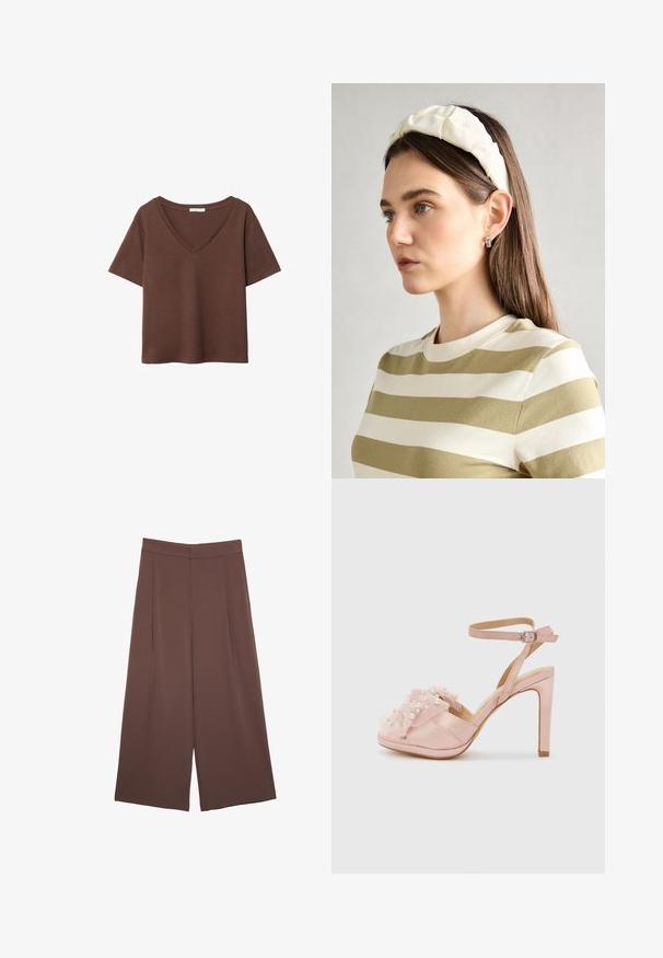 Hnedé bavlnené tričko s krátkymi rukávmi a hlbokým V-výstrihom. Jednoduchý dizajn, jemná textúra a rovný lem. Bez vzorov alebo akcentov.; Hnedé nohavice so širokými nohavicami a hladkou textúrou, s vysokým pásom a prednými skladmi. Tkanina je ľahká a voľne sa pohybuje.; Svetloružové saténové sandále na vysokom opätku s volánikovým detailom z tylu zdobené umelými perlami, s remienkom okolo členka a otvorenou špičkou.; Krémová čelenka s vypchatím a vzorom vrkoča, skombinovaná s béžovo-bielym pruhovaným tričkom s okrúhlym výstrihom. Nápadné doplnky z jemného šperku.
