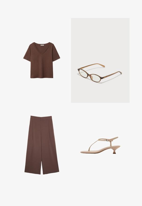 Hnědý bavlněný tričko s krátkými rukávy a hlubokým V-výstřihem. Jednoduchý design, měkká textura a rovný lem. Žádné vzory ani akcenty.; Hnědé široké kalhoty s hladkou texturou, vysokým pasem a předními záhyby. Materiál je lehký a volně splývá.; Béžové sandály na podpatku s tenkým T-páskem, nastavitelným páskem kolem kotníku, nízkým blokovým podpatkem a hladkým povrchem.; Hnědé želvovinové brýle s oválnými skly, tenkými bočními nohami a průhlednými akcenty. Obsahují decentní logo na stranu. Elegantní, lehký design.