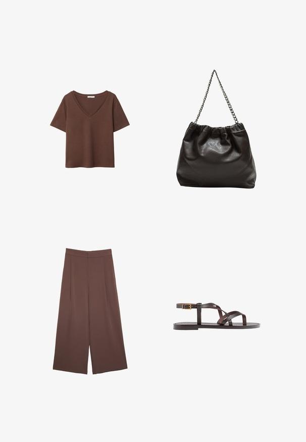 Smeđa pamučna majica kratkih rukava s dubokim V-izrezom. Jednostavan dizajn, mekana tekstura i ravni rub. Bez uzoraka ili naglasaka.; Smeđe hlače širokog kroja s glatkom teksturom, koje imaju visok struk i nabore sprijeda. Tkanina je lagana i slobodno se kreće.; Smeđe kožne sandale s iskrižanim trakama, umetkom za zapešće s kopčanjem i ravnim potplatom s minimalnim detaljima šivanja.; Smeđa kožna torba s naboranim vrhom i lančićem za nošenje. Glatka tekstura s sjajnim završetkom i suptilnim šavnim detaljima sa strane.