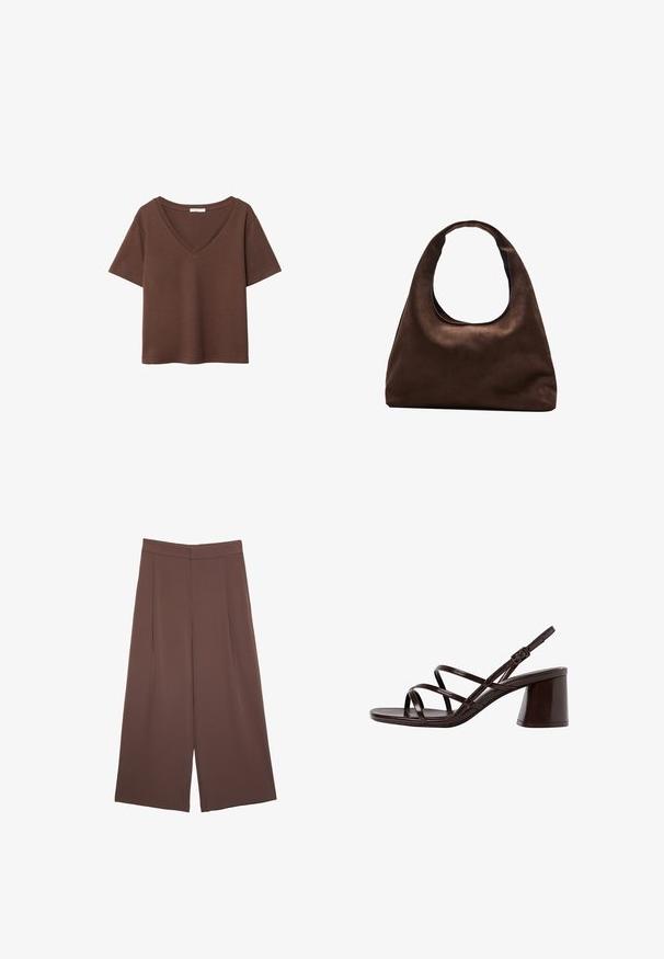 Rjava bombažna majica s kratkimi rokavi in globokim V-izrezom. Preprost dizajn, mehak material in raven rob. Brez vzorcev ali dekorativnih elementov.; Rjave široke hlače z gladko teksturo, ki imajo visok pas in sprednje naborke. Tkanina je lahka in prosto pada.; Rjave sandale z visoko peto z leskom, ki imajo več tankih trakov in masivno blok peto za stabilnost.; Mehakna rjava torbica v hobo stilu z enim širokim trakom in ukrivljenim odprtjem na vrhu, prikazana na beli podlagi.