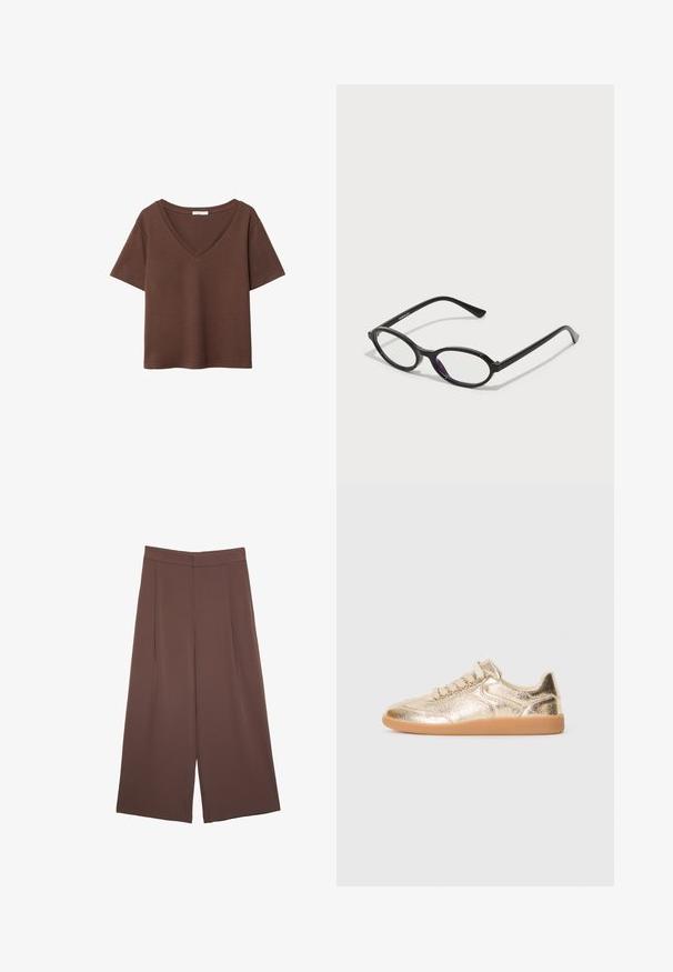 Braunes Baumwoll-T-Shirt mit kurzen Ärmeln und tiefem V-Ausschnitt. Einfaches Design, weiche Textur und gerade Saumlinie. Keine Muster oder Akzente.; Braune Weite-Leg-Hosen mit einer glatten Textur, hoher Taille und Vorderfalten. Der Stoff ist leicht und fällt locker.; Niedrig geschnittener Sneaker mit metallisch goldenem strukturiertem Obermaterial, beigefarbenen Schnürsenkeln und Gummisohle, von der Außenseite auf weißem Hintergrund dargestellt.; Schwarze Brille mit ovalem Rahmen und durchscheinenden lila Akzenten auf den Gläsern. Der Rahmen hat eine matte Oberfläche und schlanke, gerade Bügel.