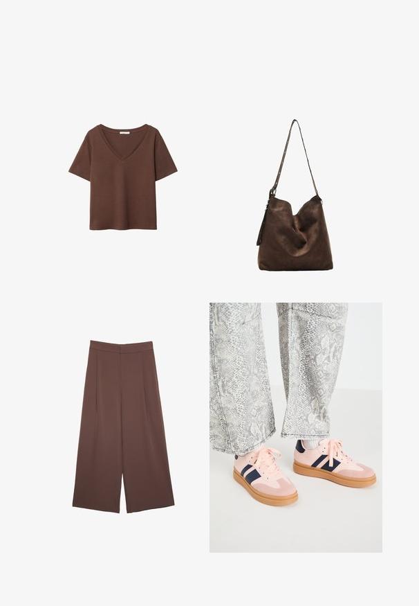 T-shirt in cotone marrone con maniche corte e scollo a V profondo. Design semplice, texture morbida e orlo dritto. Senza fantasie o dettagli.; Pantaloni ampi marroni con una texture liscia, caratterizzati da una vita alta e pieghe frontali. Il tessuto è leggero e scorre liberamente.; Sneakers rosa chiaro con strisce blu navy e suola in gomma beige, abbinate a pantaloni a gamba larga in stampa pitonata grigia. Le scarpe presentano lacci e accenti a contrasto.; Borsa hobo in suede marrone con una parte superiore curva, una lunga tracolla con dettagli a pois e una consistenza morbida. Presenta un design morbido per un uso casual.
