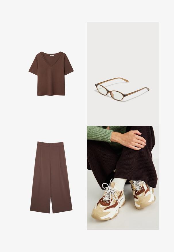 Braunes Baumwoll-T-Shirt mit kurzen Ärmeln und tiefem V-Ausschnitt. Einfaches Design, weiche Textur und gerade Saumlinie. Keine Muster oder Akzente.; Braune Weite-Leg-Hosen mit einer glatten Textur, hoher Taille und Vorderfalten. Der Stoff ist leicht und fällt locker.; Steve Madden POSSESSIONE - Sneaker low - brown/sand; Braune Schildpatt-Brille mit ovalen Gläsern, dünnen Bügeln und transparenten Akzenten. Verfügt über ein dezentes Logo am Bügel. Elegantes, leichtes Design.