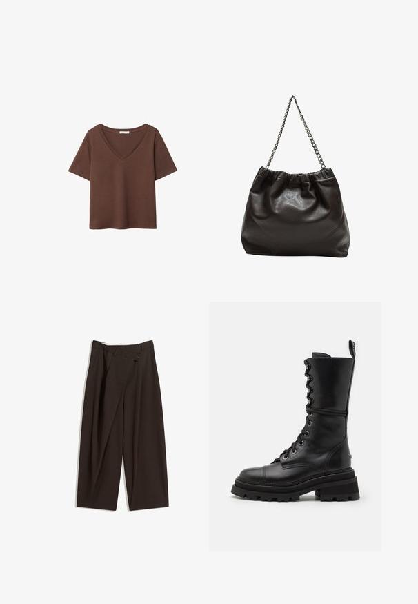 T-shirt en coton brun avec des manches courtes et un décolleté en V profond. Design simple, texture douce et ourlet droit. Pas de motifs ni d'accents.; Pantalons larges marron foncé à taille haute, dotés d'une fermeture à un bouton et d'un devant plissé. Confectionnés en tissu léger.; Zadig & Voltaire RIDE SEMY SHINY - Bottes à plateau - noir; Sac en cuir marron avec un haut froncé et une bandoulière en chaîne. Texture lisse avec une finition brillante et des coutures subtiles sur les côtés.