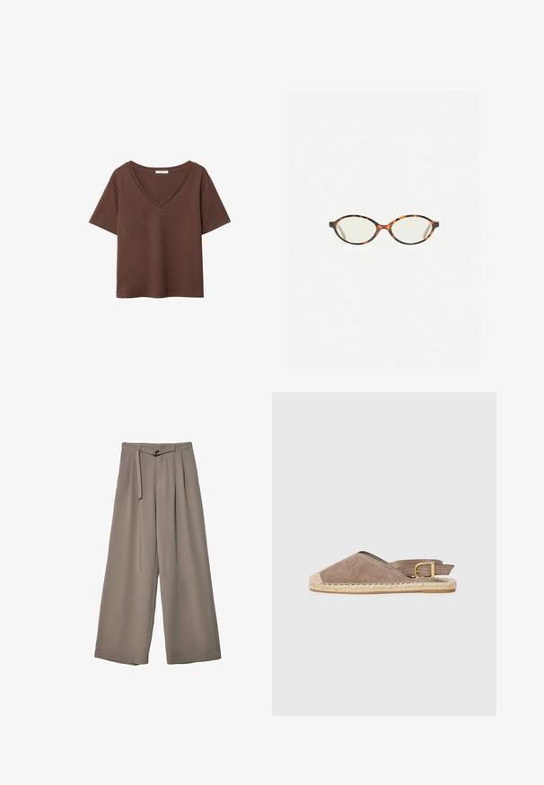 Brun bomulds t-shirt med korte ærmer og dyb V-hals. Enkel design, blød tekstur og lige kant. Ingen mønstre eller detaljer.; Vide ben bukser i et blødt, afdæmpet grå stof, med en bælte i taljen og plisseringer for ekstra designdetalje. Glat tekstur, ingen mønstre.; Sæde espadrille sandal i taupe, med åben bagdesign, jute sål, flad hæl, med justerbar spændeaccent, der har en kontrasterende beige tåkap.; Skildpaddebriller med ovale linser og en elegant, glat finish. Har tynde sider med en subtil kurve ved tindingerne. Klare linser.