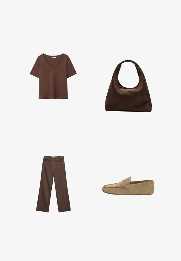 Brun bomulds t-shirt med korte ærmer og dyb V-hals. Enkel design, blød tekstur og lige kant. Ingen mønstre eller detaljer.; Bredde ben brun denim jeans med høj talje, forlommer og klassisk knaplukning. Glat tekstur med diskret syninger.; Lysebrune ruskinds herresko i loafermodel med syet moc toe og pennystrap, flad gummisål, sideprofil på hvid baggrund.; Blød brun hobo-stil håndtaske med en enkelt bred strop og en buet åbning på toppen, vist på en hvid baggrund.