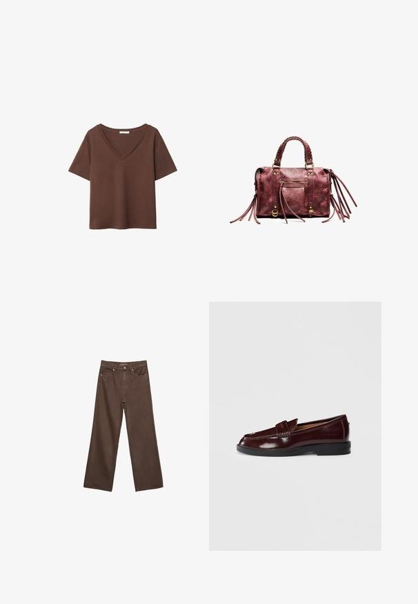 Hnedé bavlnené tričko s krátkymi rukávmi a hlbokým V-výstrihom. Jednoduchý dizajn, jemná textúra a rovný lem. Bez vzorov alebo akcentov.; Džínsy s širokými nohavicami v hnedej farbe, vyrobené z denimu, so zvýšeným pásom, prednými vreckami a klasickým zapínaním na gombík. Hladká textúra s jemným prešívaním.; Tmavobordový kožený loafers s čiernou podrážkou, s detailom na penny strap a nízkym podpätkom, zobrazený z vonkajšej strany na bielom pozadí.; Bordová kožená kabelka s vrkôčkovými uchami, strapcovými detailami a zlatým kovovým hardvérom. Obsahuje prednú zipovú kapsu a textúrový povrch.