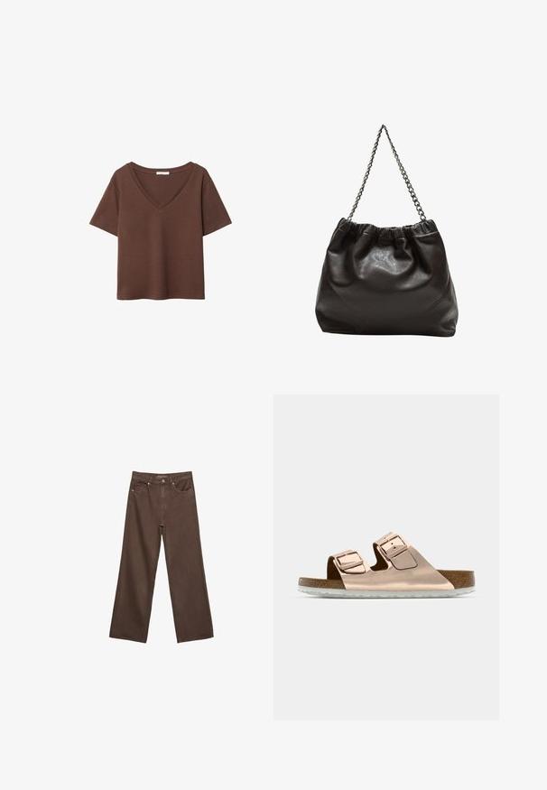 Rjava bombažna majica s kratkimi rokavi in globokim V-izrezom. Preprost dizajn, mehak material in raven rob. Brez vzorcev ali dekorativnih elementov.; Široke rjave kavbojke iz denima, ki imajo visok pas, sprednje žepe in klasično zapiranje na gumb. Gladka tekstura s subtilnim šivom.; Roza zlata natikači z dvema nastavljivima kovinskima zaponkami, korkovo podplato in belo gumijasto podplato. Gladek kovinski zaključek, odprt model.; Rjava usnjena torba z nabranim vrhom in verižnim trakom. Gladka tekstura z sijajno površino in subtilnimi šivi na straneh.
